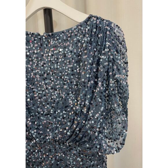 Mac Duggal Blue Draped Sleeve V-Neck Gown Slate Blue 5640 Size 4 NWT Sequins - Picture 14 of 16